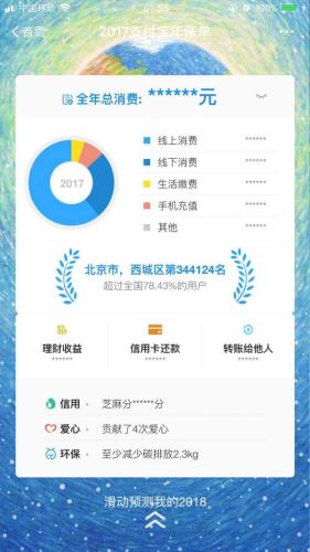2017支付宝年账单总览页面,包含线上消费、线下消费等项目。